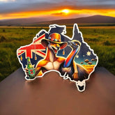 Australian map sticker with kangaroo and emu having a VB beer